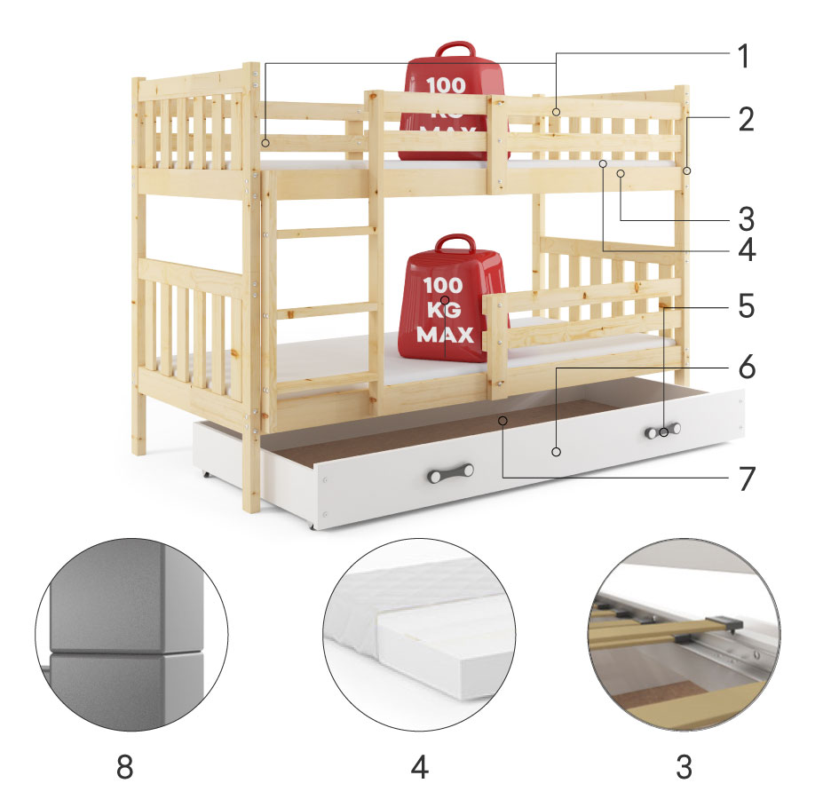 KACPER patrová postel pro teenagery 90X190 se zásuvkou, borovice/bílá