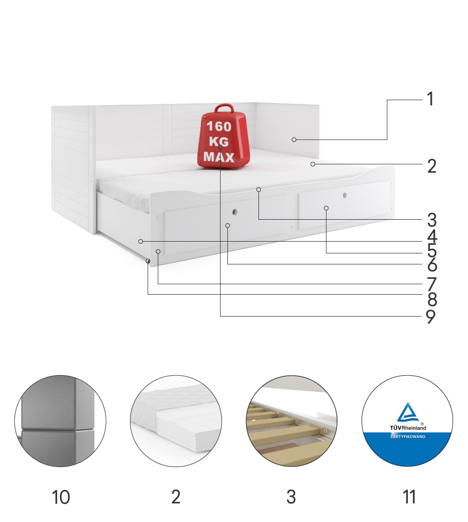 Komponenty pro dvoulůžkovou skládací postel HERMES 80X200 se zásuvkou, bílá