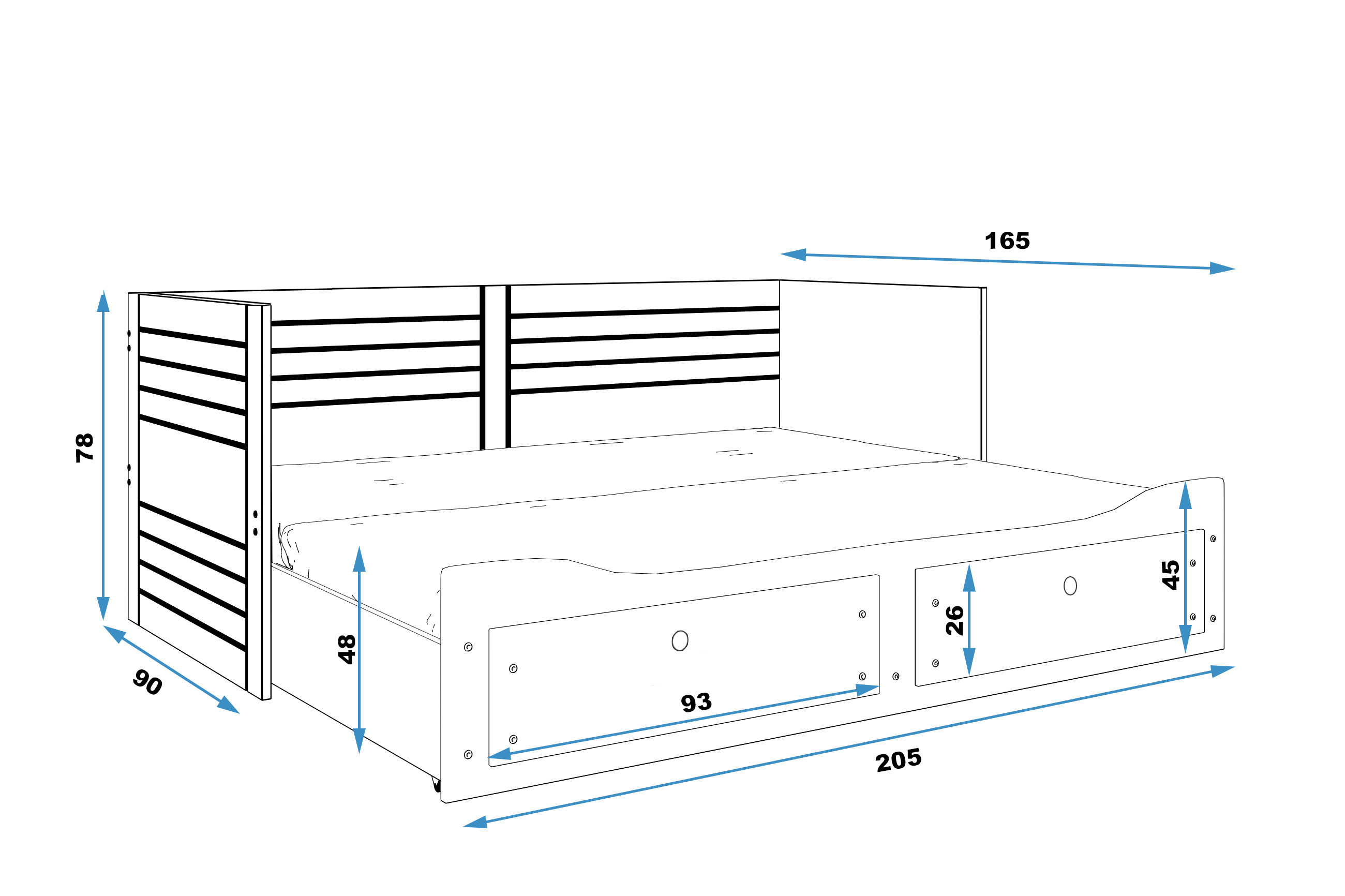 Rozměry a specifikace HERMES skládací dvoulůžková postel pro mládež 80X200 se zásuvkou, bílá