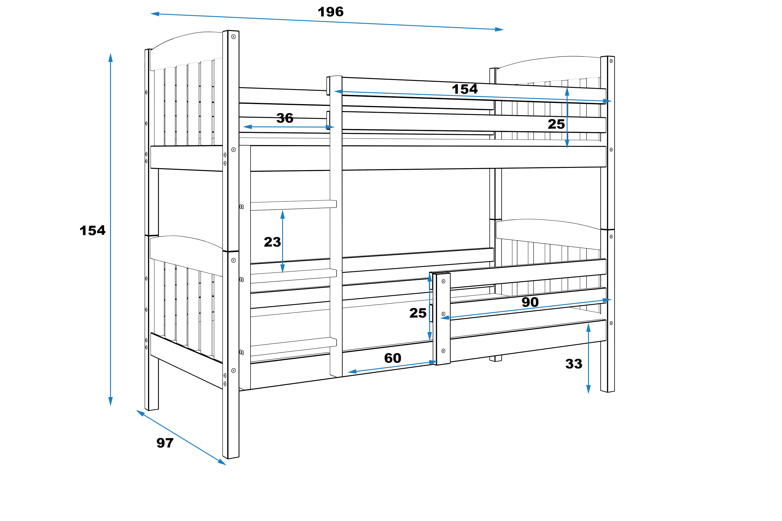Rozměry a specifikace pro patrovou postel pro mládež KUBUŚ 80X190, grafit