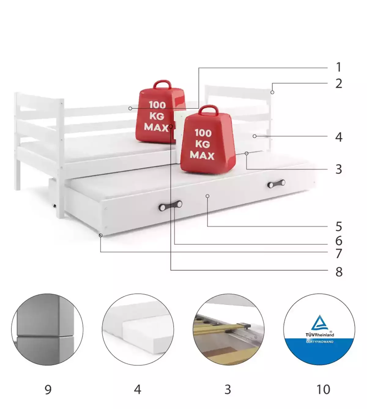 Composants pour Lit ado gigogne Éric 90X190 avec matelas et tiroir, blanc