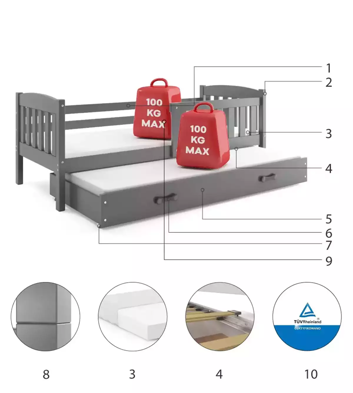 KUBUŚ výsuvná postel pro mládež 90X190 s matrací a zásuvkou, grafit Technické specifikace