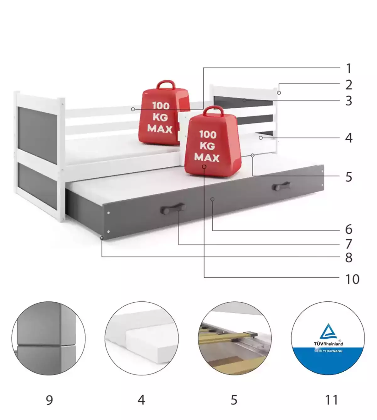 Composants pour Lit ado gigogne Rico 90X190 avec matelas et tiroir, blanc/gris