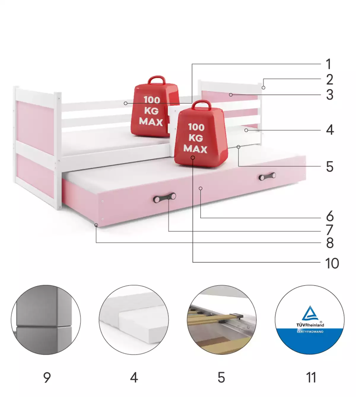 Composants pour Lit ado gigogne Rico 90X190 avec matelas et tiroir, blanc/rose
