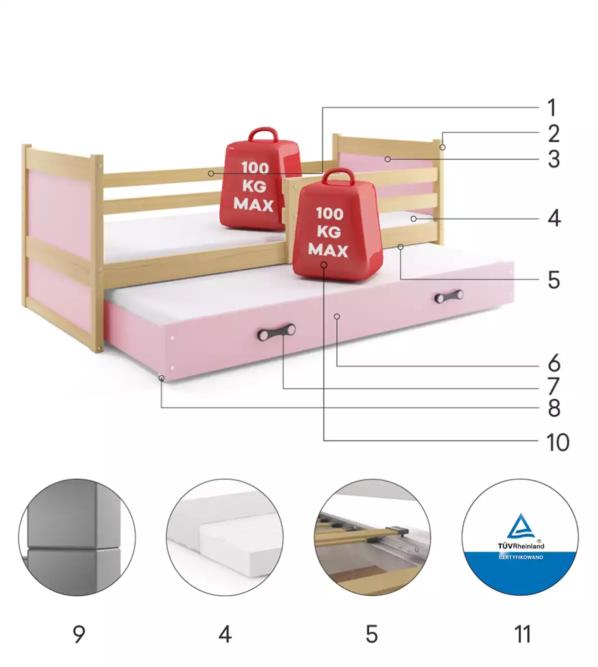 Composants pour Lit ado gigogne Rico 90X190 avec matelas et tiroir, pin/rose