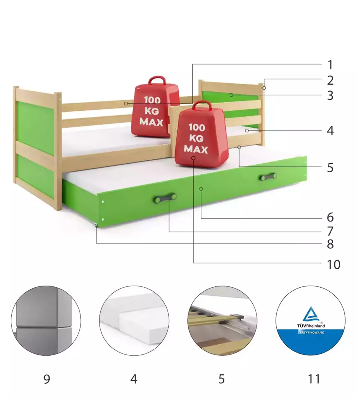 Composants pour Lit ado gigogne Rico 90X190 avec tiroir, pin/vert
