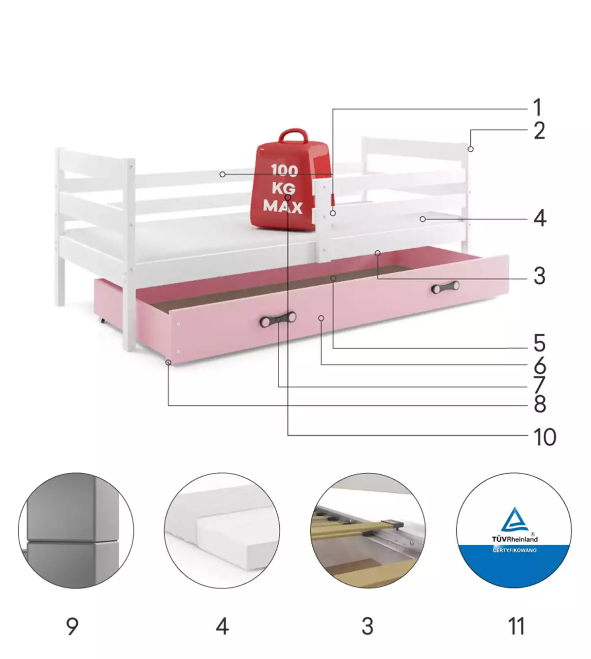 Composants pour Lit ado simple Éric 90X190 avec matelas et tiroir, blanc/rose
