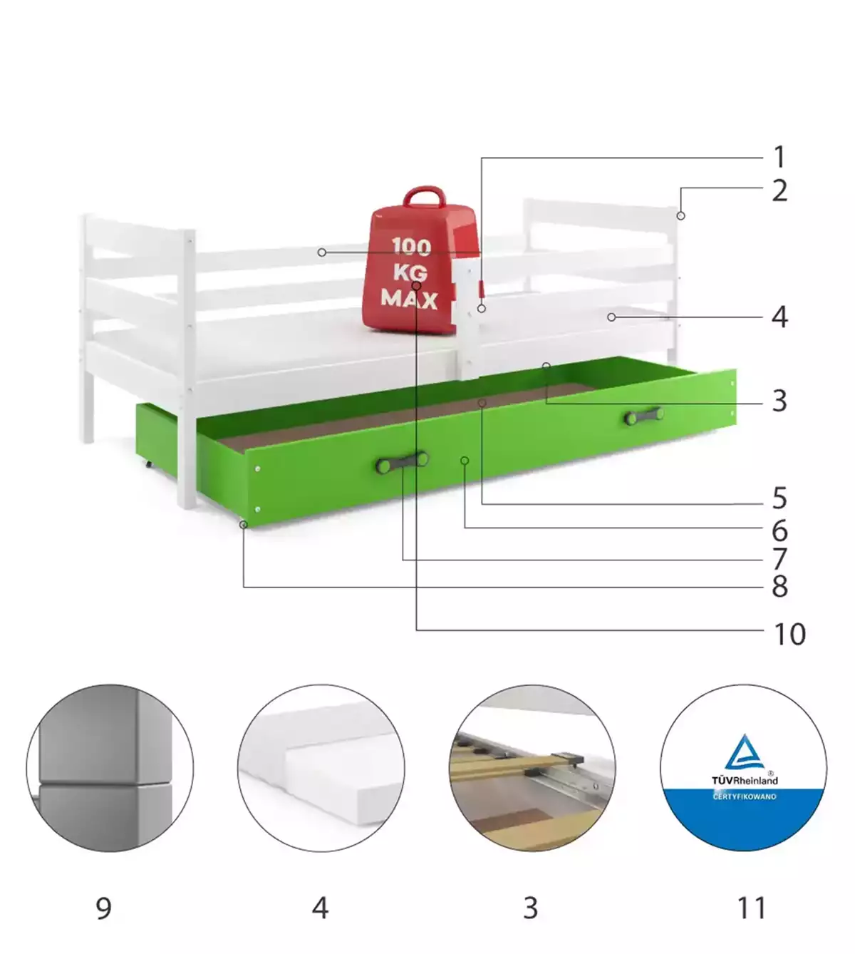Composants pour Lit ado simple Éric 90X190 avec matelas et tiroir, blanc/vert