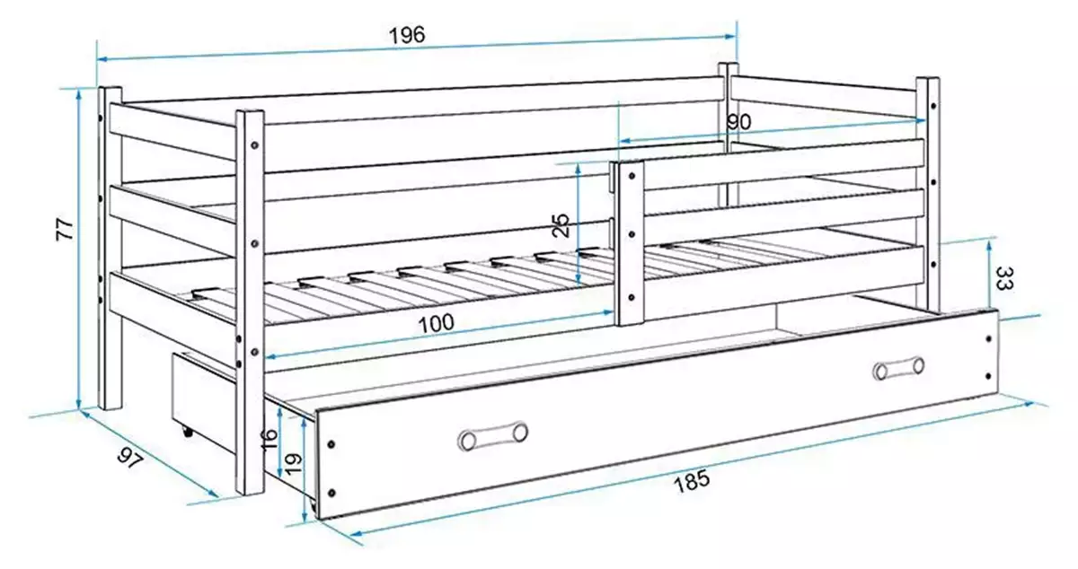 Dimensions et spécifications pour Lit ado simple Éric 90X190 avec tiroir, blanc