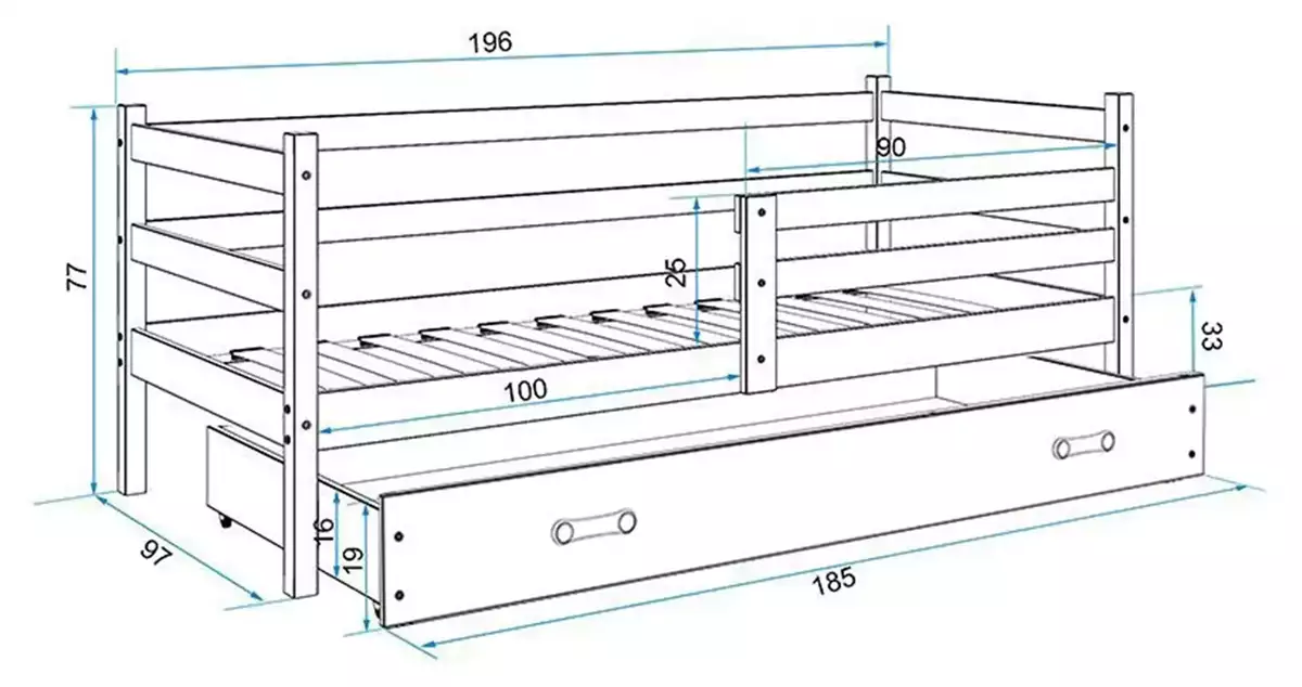 Dimensions et spécifications pour Lit ado simple Éric 90X190, gris