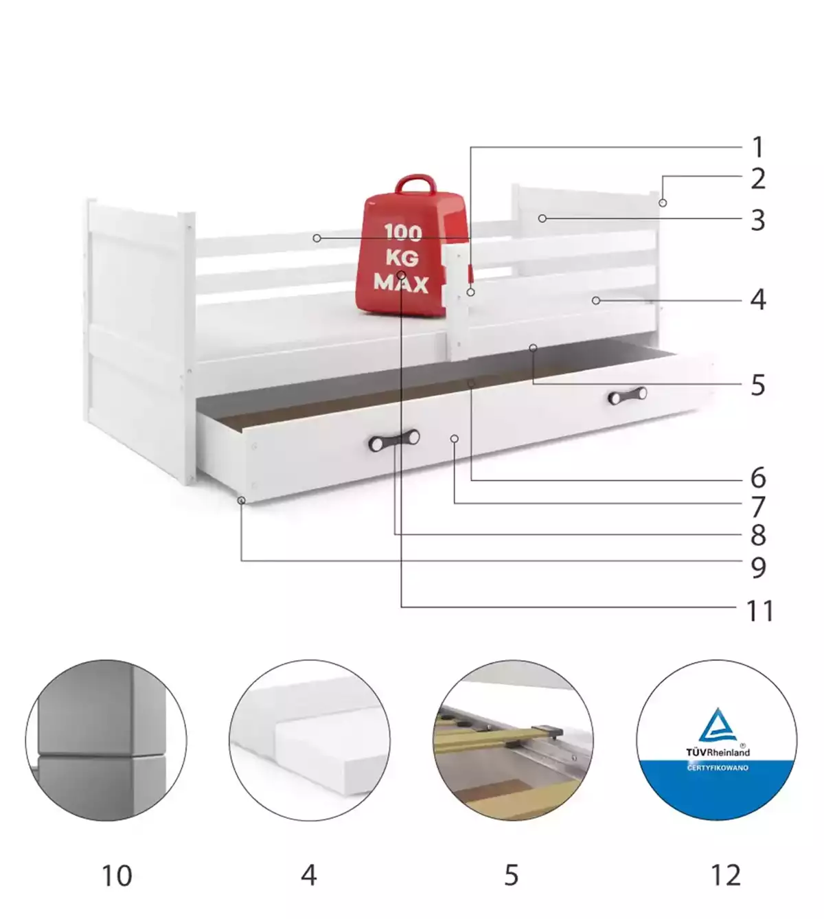 Composants pour Lit ado simple Rico 90X190 avec matelas et tiroir, blanc