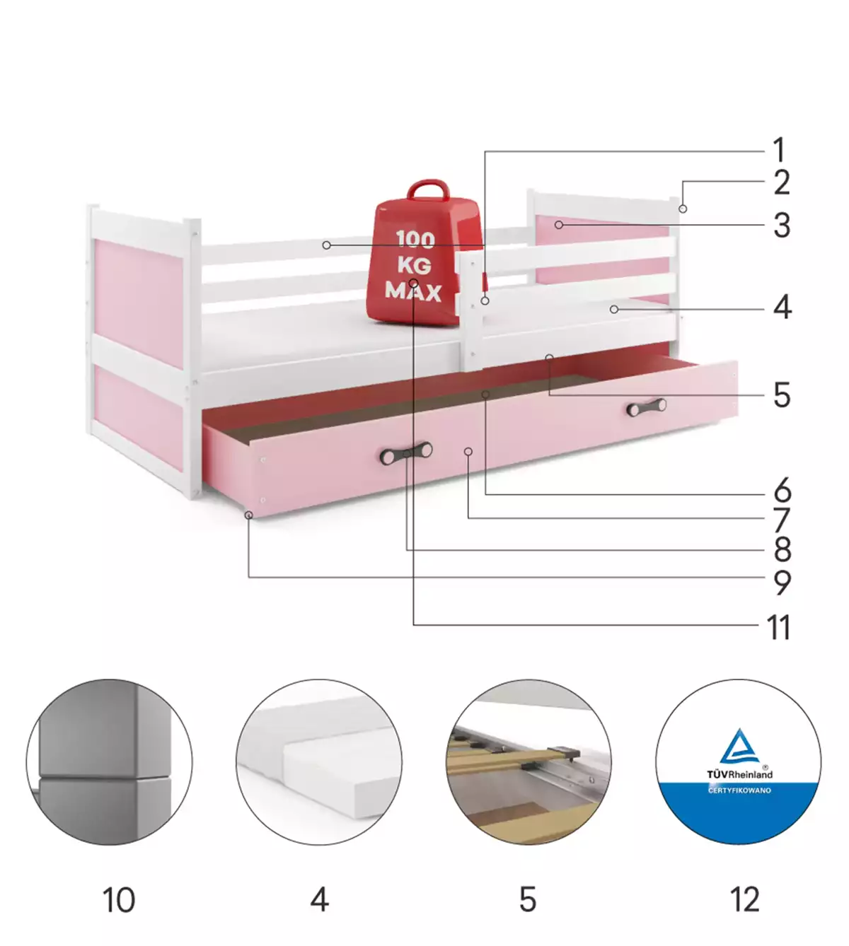 Composants pour Lit ado simple Rico 90X190 avec matelas et tiroir, blanc/rose