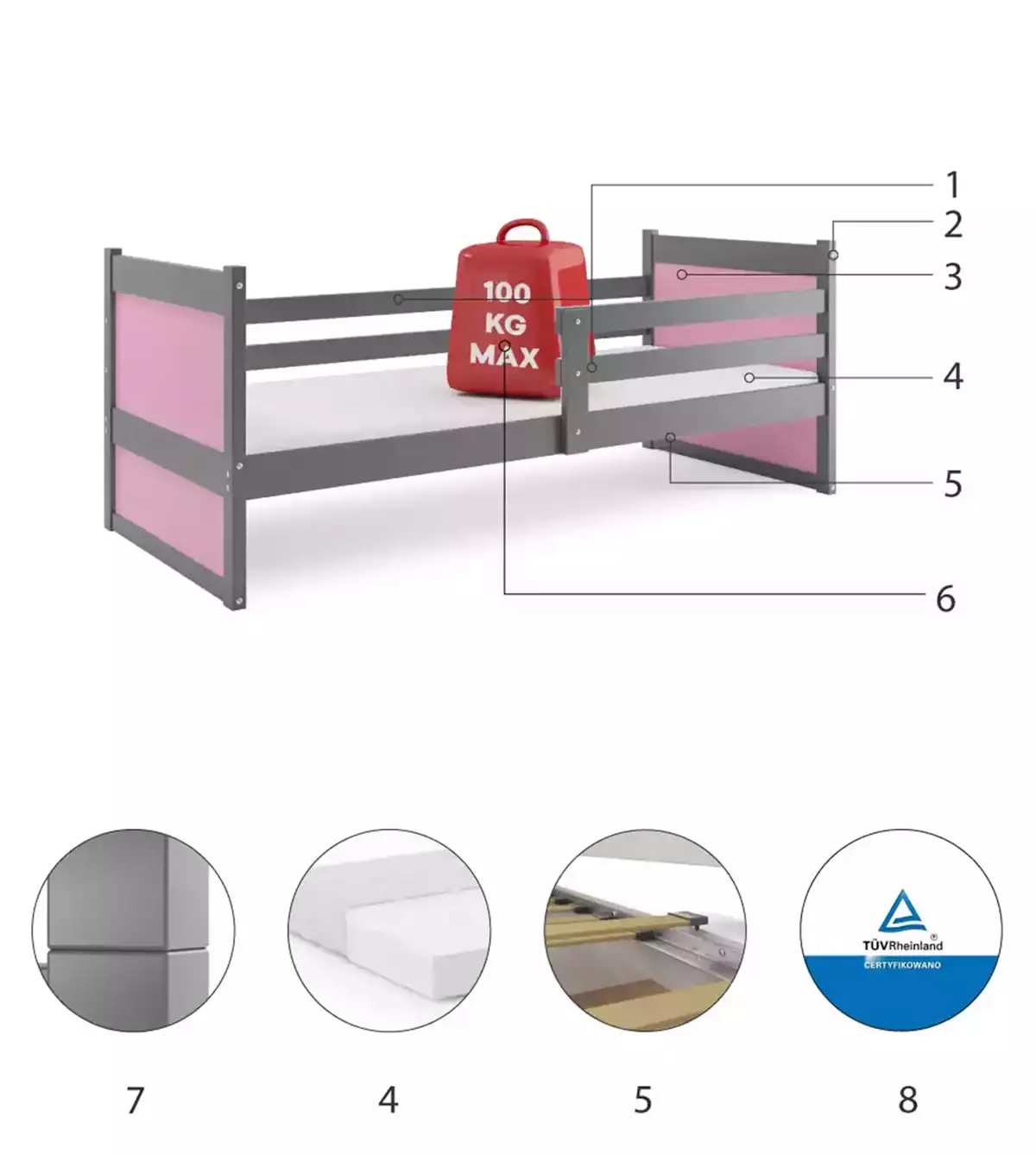 Composants pour Lit ado simple Rico 90X190 avec matelas, gris/rose