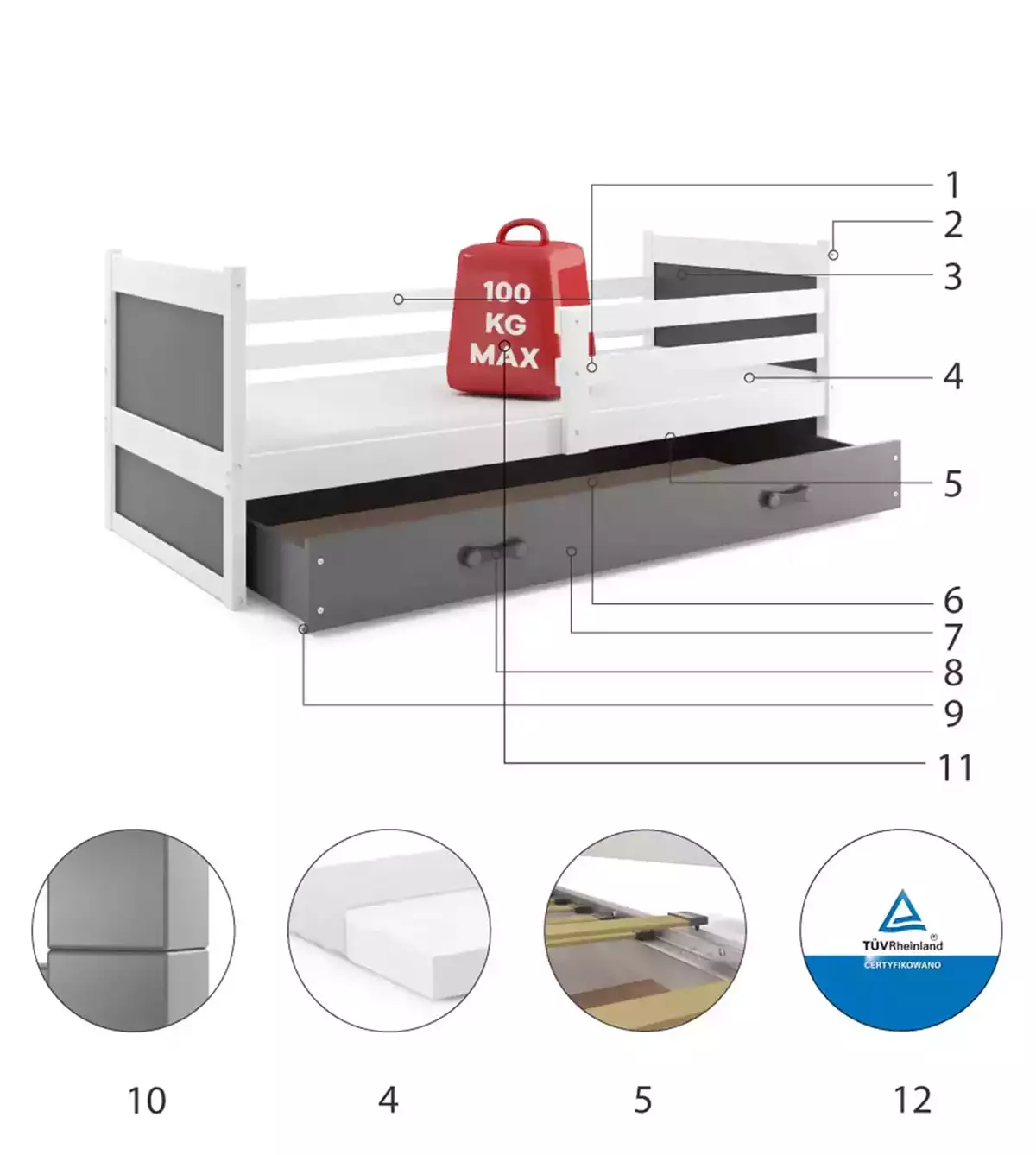 Composants pour Lit ado simple Rico 90X190 avec tiroir, blanc/gris