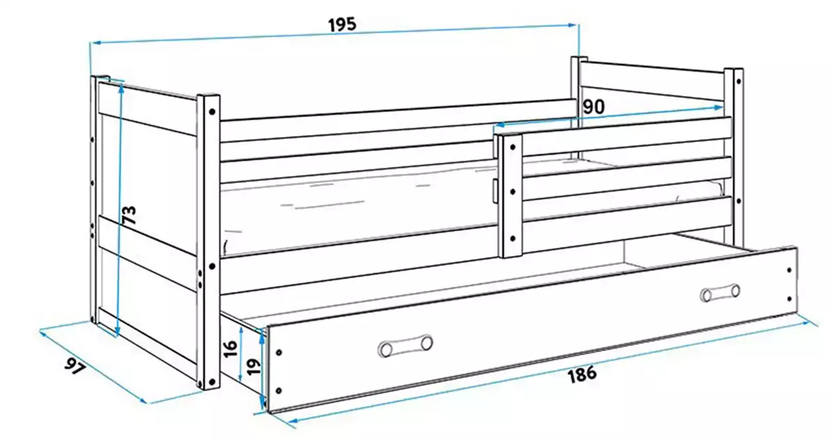 Dimensions et spécifications pour Lit ado simple Rico 90X190 avec tiroir, blanc/rose