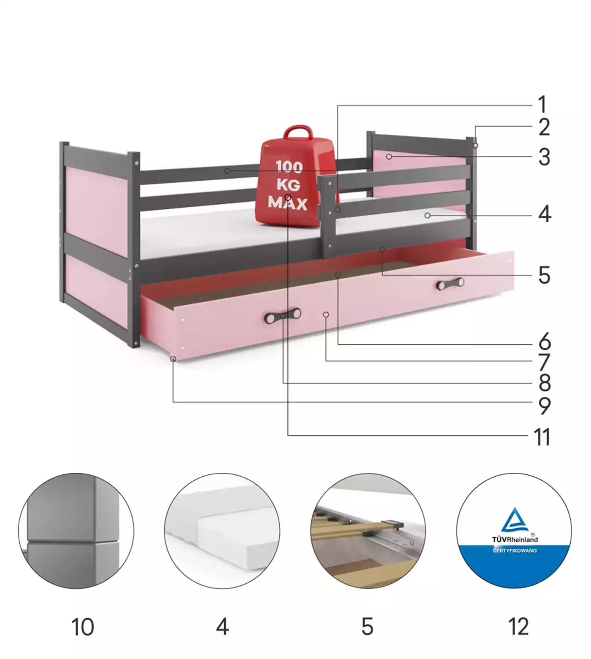 Composants pour Lit ado simple Rico 90X190 avec tiroir, gris/rose