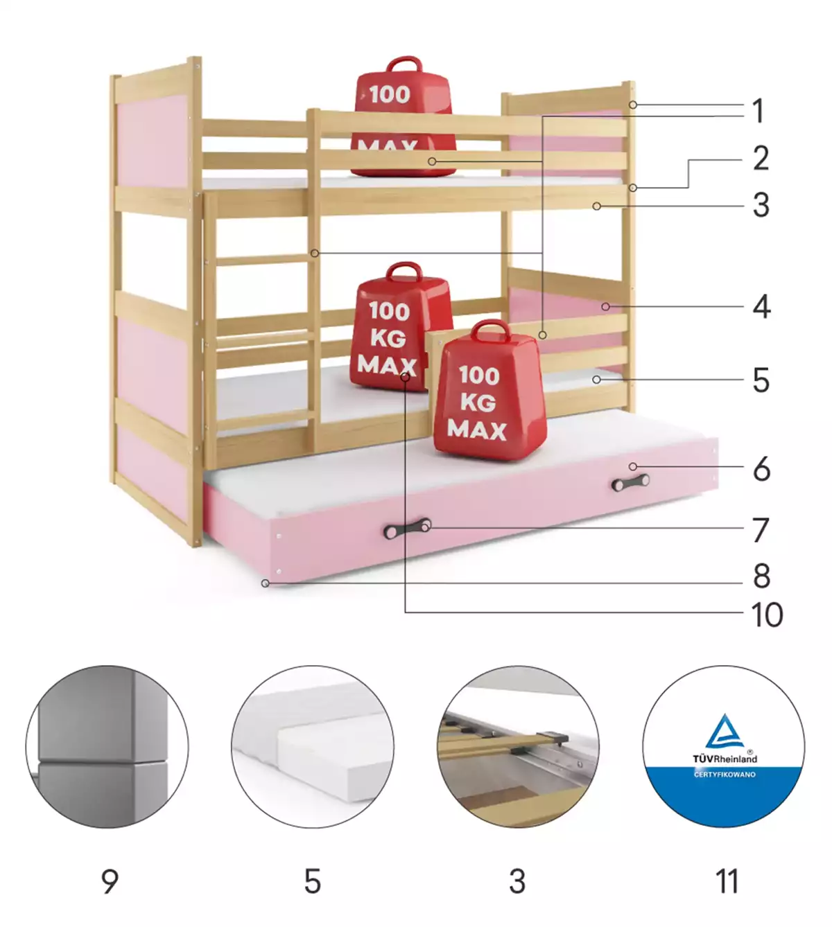 Technické specifikace Dětská postel pro tři osoby RICO 90X190 s matrací a šuplíkem, borovice/růžová