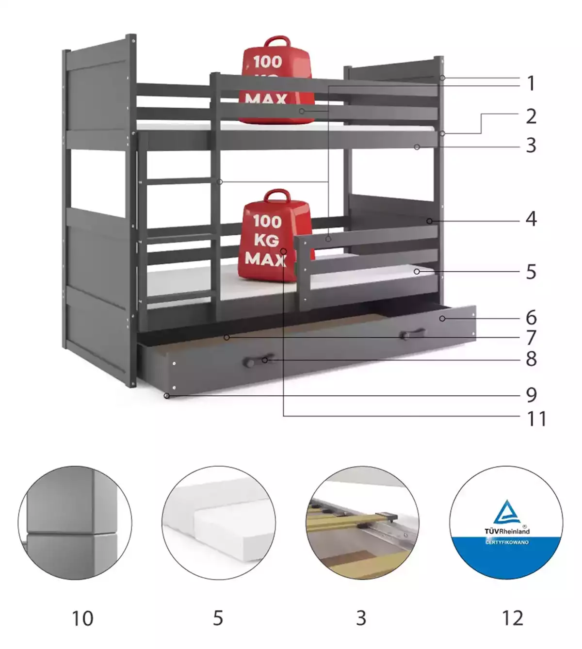 Technická specifikace RICO 90X190 patrová postel pro teenagery se zásuvkou, grafit