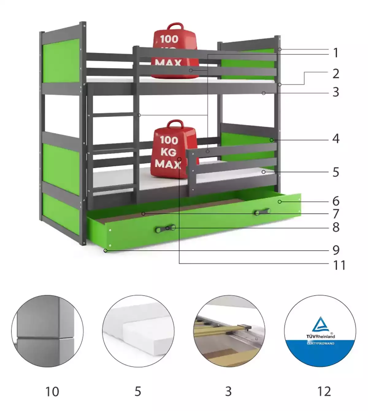 Technická specifikace RICO 90X190 patrová postel pro teenagery se zásuvkou, grafit/zelená