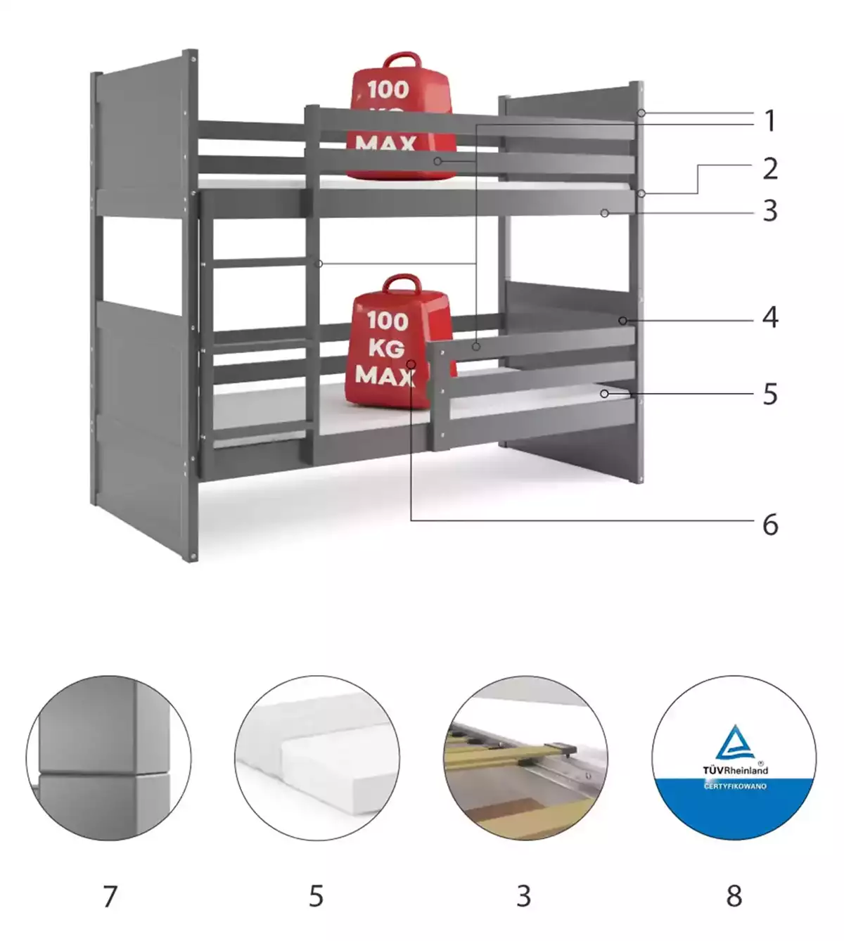 Technická specifikace RICO 90X190 patrová postel pro teenagery, grafit