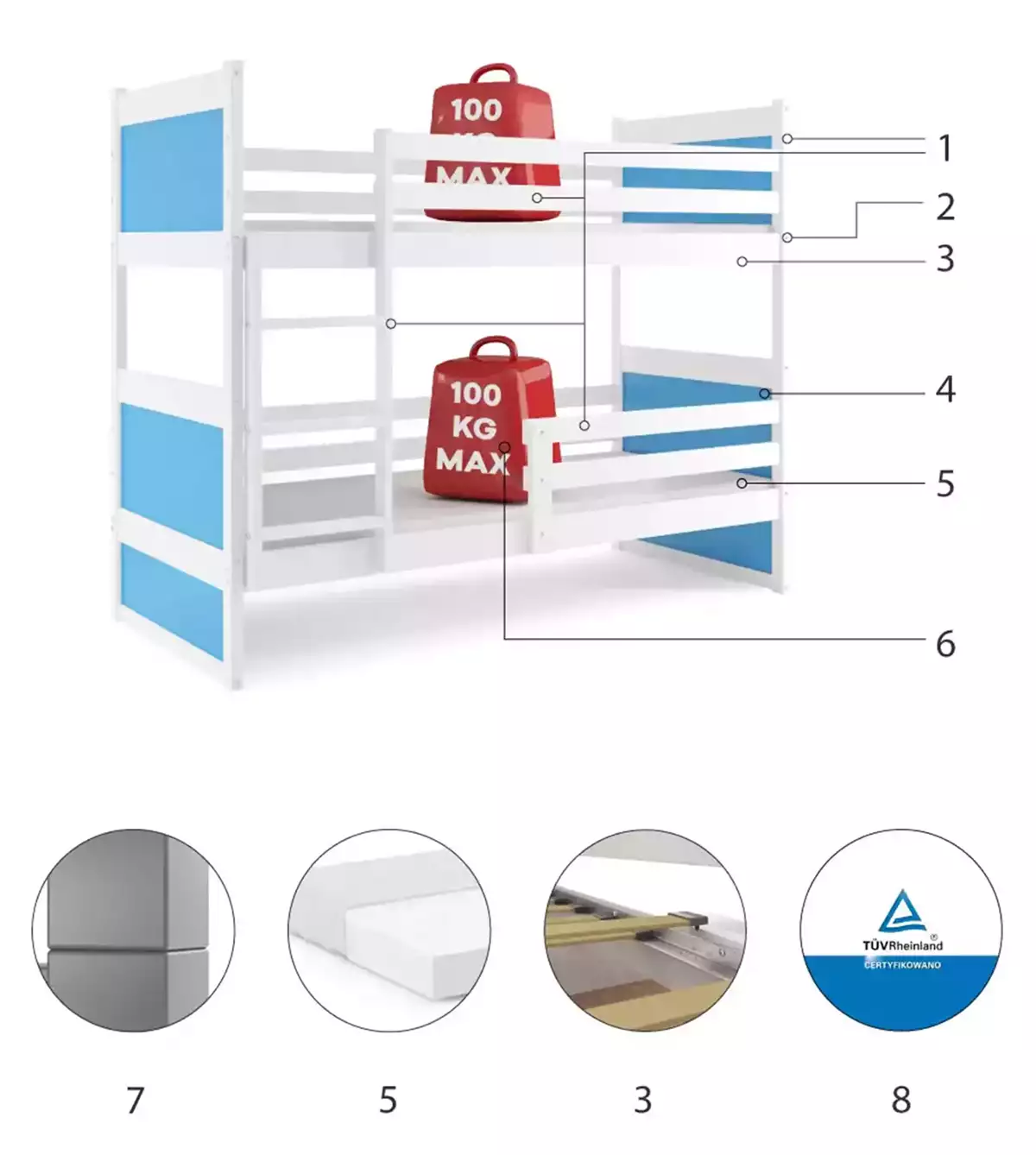 Technická specifikace RICO patrová postel pro teenagery 90X190, bílá/modrá