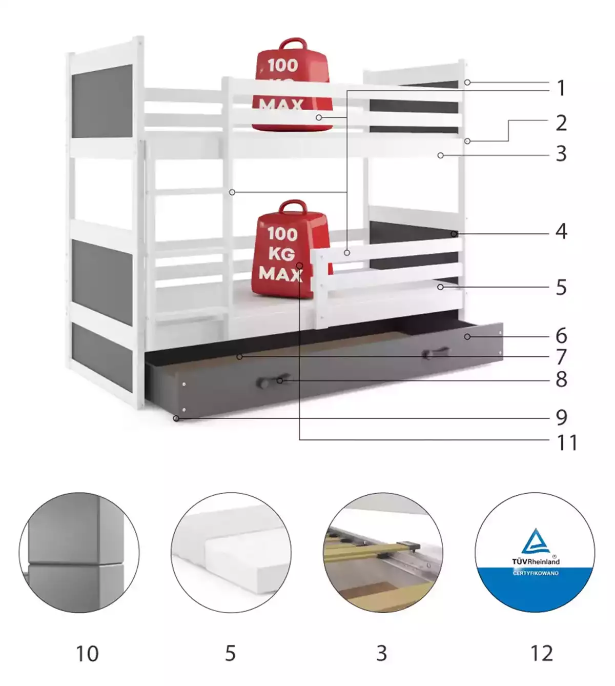 Technická specifikace RICO 90X190 patrová postel pro teenagery se zásuvkou, bílá/grafit