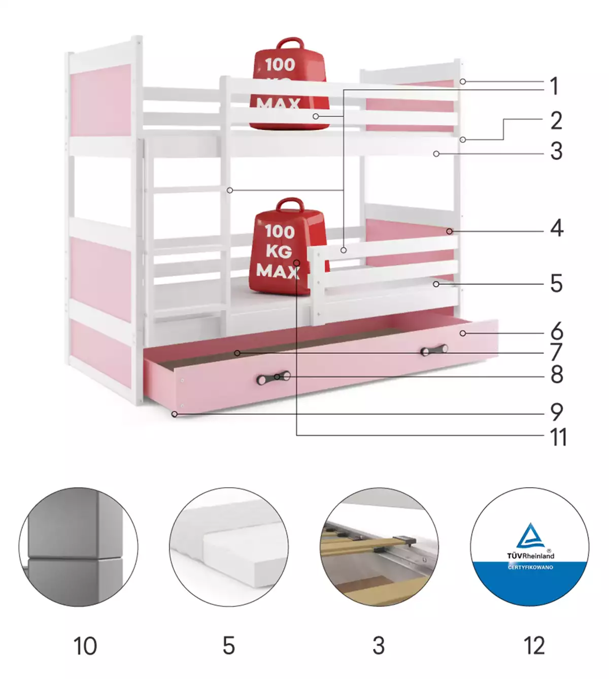 Technická specifikace RICO patrová postel pro teenagery 90X190 se zásuvkou, bílá/růžová