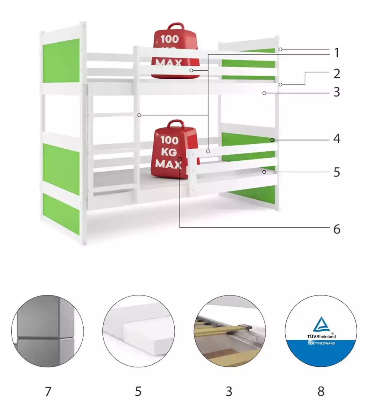 Technická specifikace RICO patrová postel pro teenagery 90X190, bílá/zelená