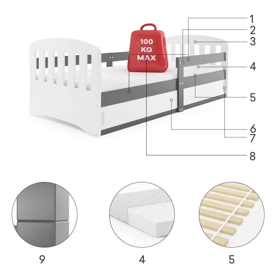 Komponenty pro dětskou jednolůžkovou postel CLASSIC 80X160 s úložným prostorem, grafit