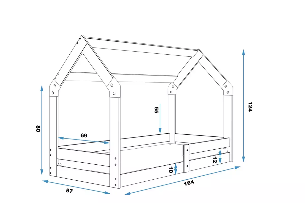 Rozměry a specifikace pro Jednolůžkovou dětskou postel HOUSE 1 80X160, borovice