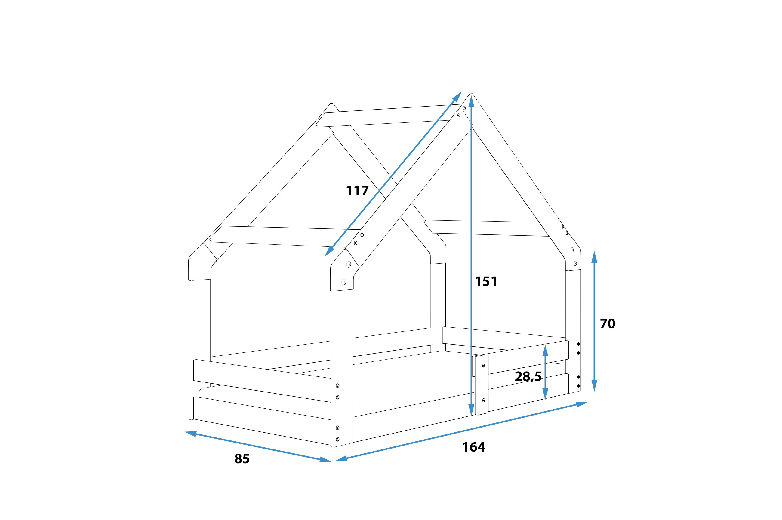 Rozměry a specifikace pro jednolůžkovou dětskou postel HOME 80X160, přírodní dřevo