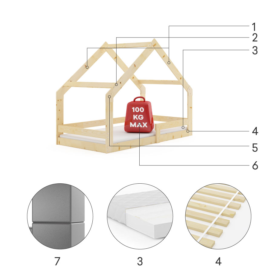 Komponenty pro jednolůžkovou dětskou postel HOUSE 80X160 s matrací, přírodní dřevo