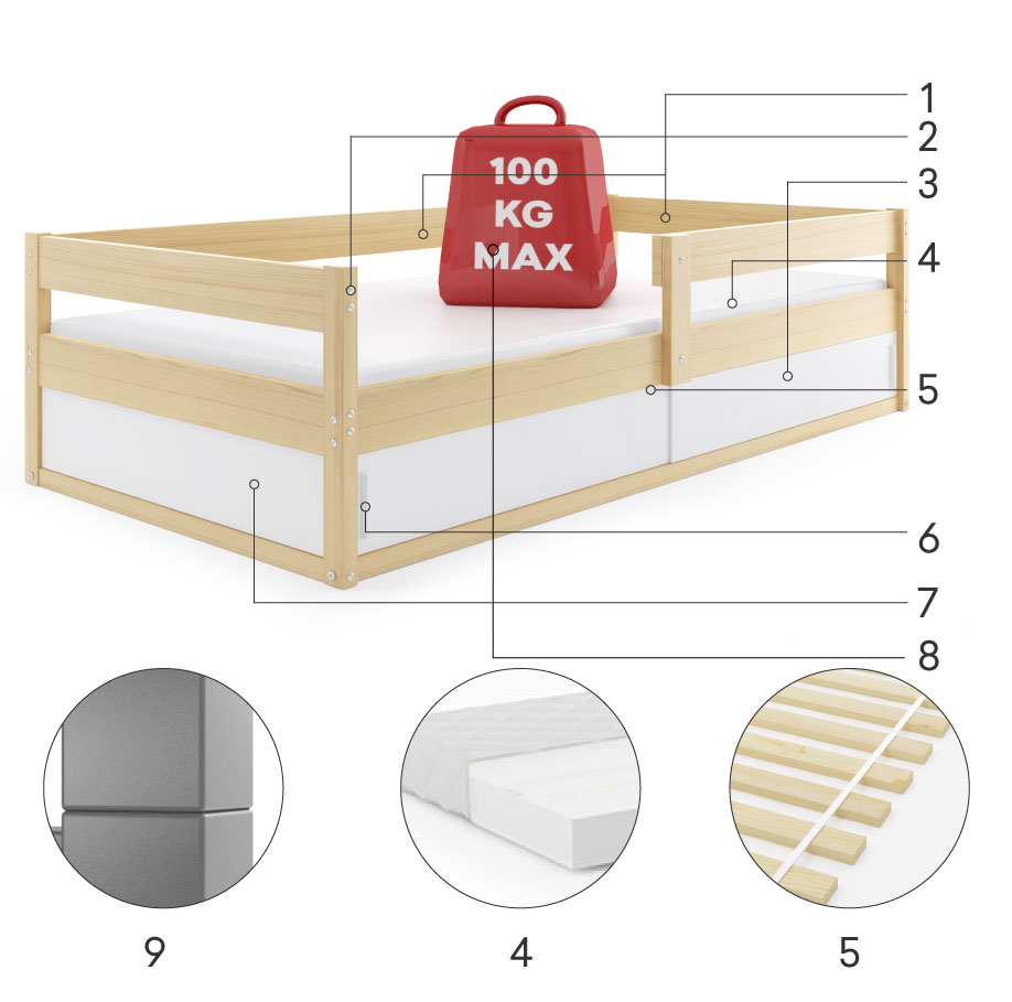Komponenty pro dětskou jednolůžkovou postel HUGO 80X160 s matrací a úložným prostorem, borovice