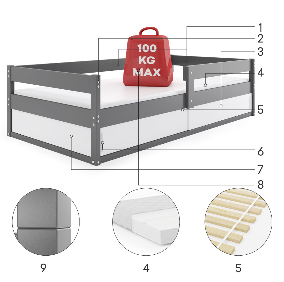 Komponenty pro dětskou jednolůžkovou postel HUGO 80X160 s úložným prostorem, grafit
