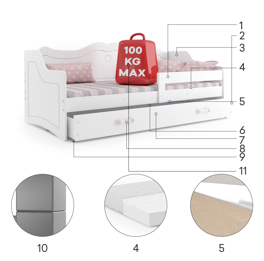 Komponenty pro dětskou jednolůžkovou postel JULIA 80X160 se zásuvkou, bílá