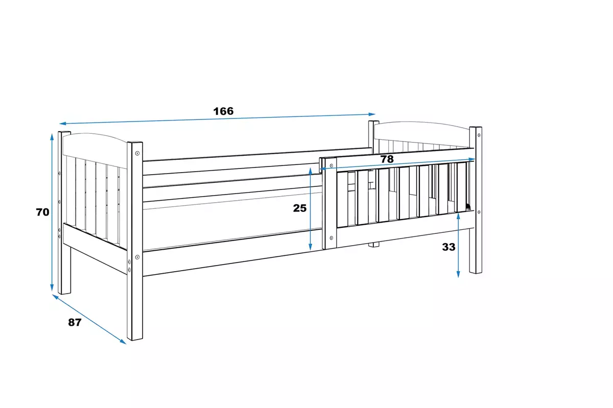 Rozměry a specifikace pro Jednolůžkovou dětskou postel KUBUŚ 80X160, bílá