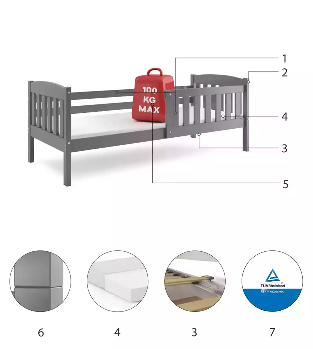 Komponenty pro dětskou jednolůžkovou postel KUBUŚ 80X160, grafit