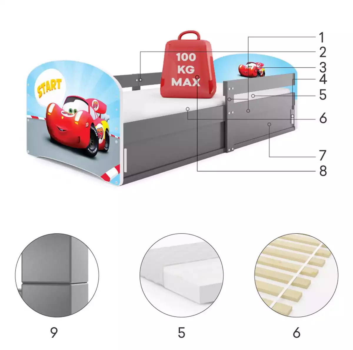 Komponenty pro dětskou jednolůžkovou postel LUKI 1 80X160 s úložným prostorem, Auto, grafit