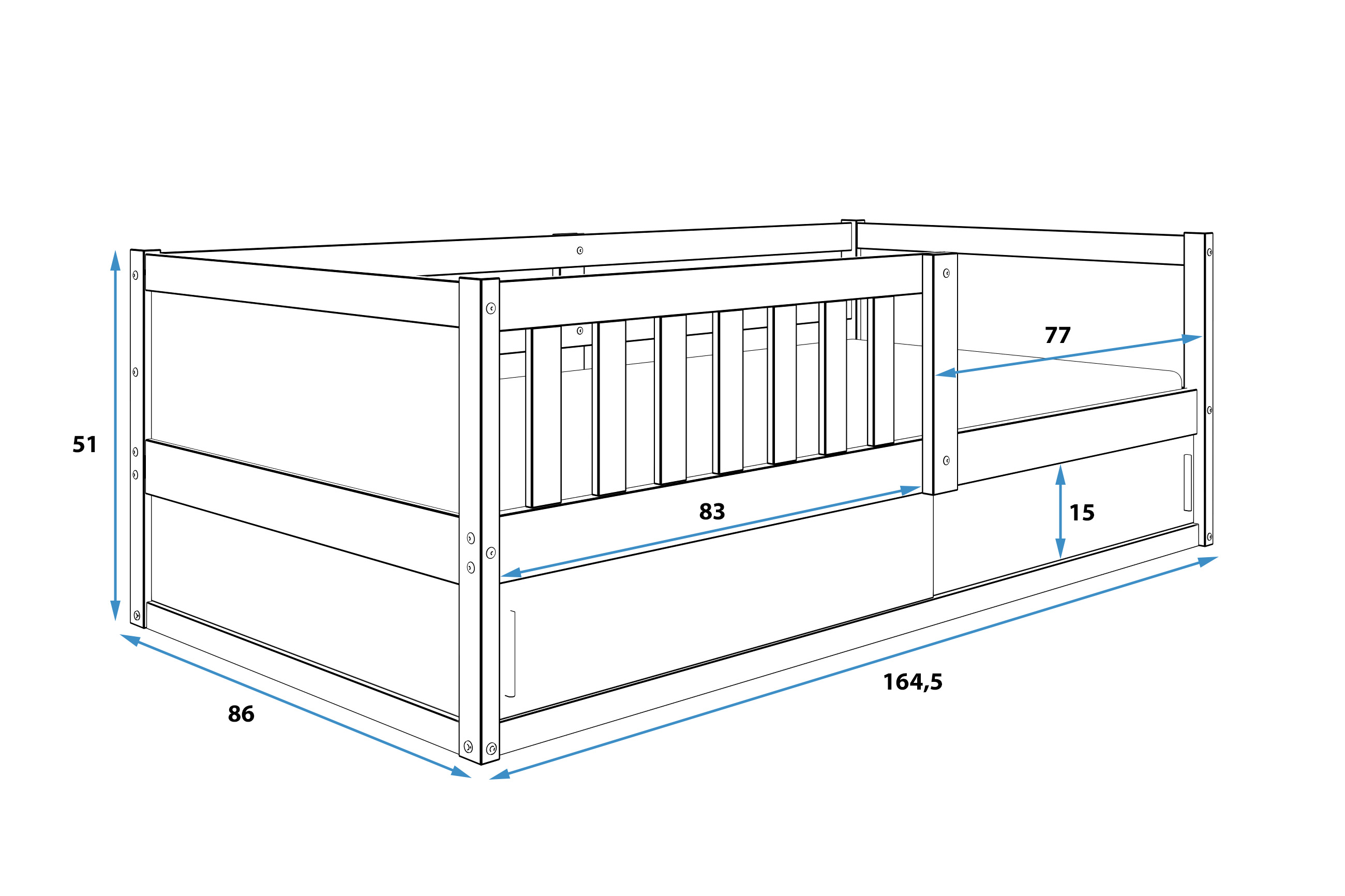 Rozměry a specifikace pro dětskou jednolůžkovou postel SMART 2 80X160 s matrací a úložným prostorem, přírodní dřevo