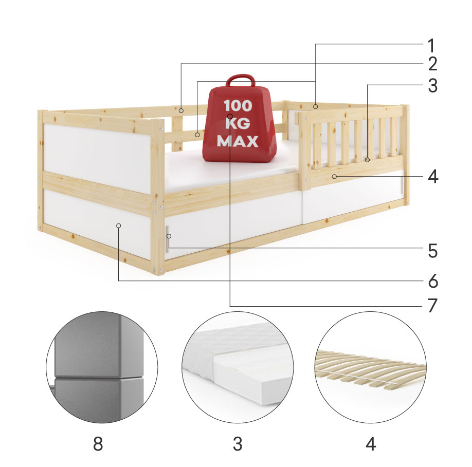 Komponenty pro dětskou jednolůžkovou postel SMART 2 80X160 s matrací a úložným prostorem, přírodní dřevo