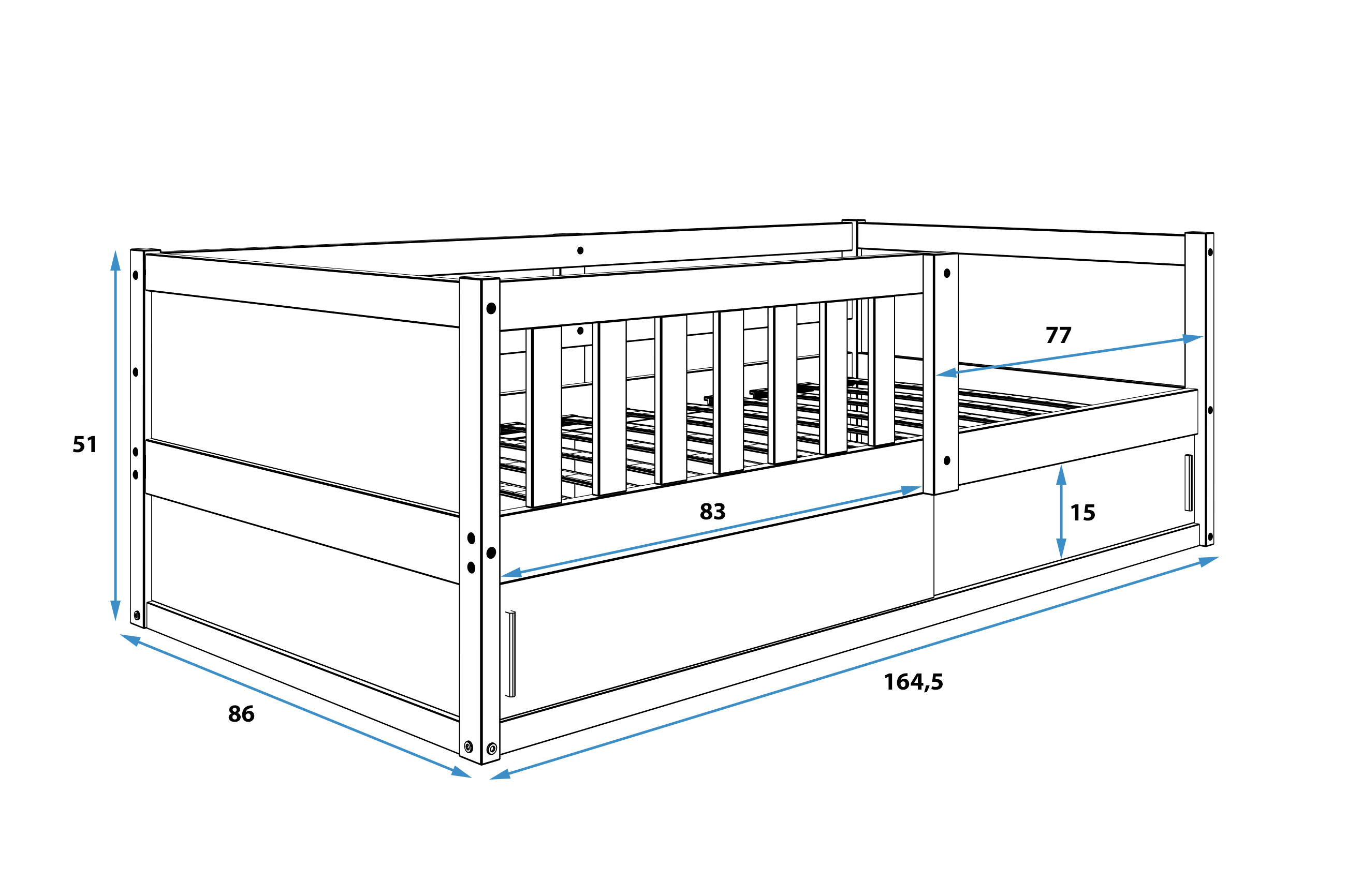 Rozměry a specifikace pro dětskou jednolůžkovou postel SMART 2 80X160 s úložným prostorem, přírodní dřevo