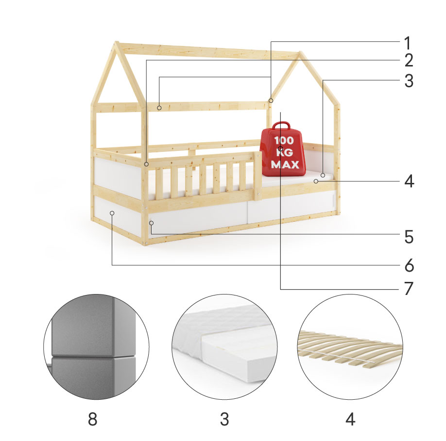 Komponenty pro jednolůžkovou dětskou postel SMART 2 HOUSE 80X160 s úložným prostorem, přírodní dřevo