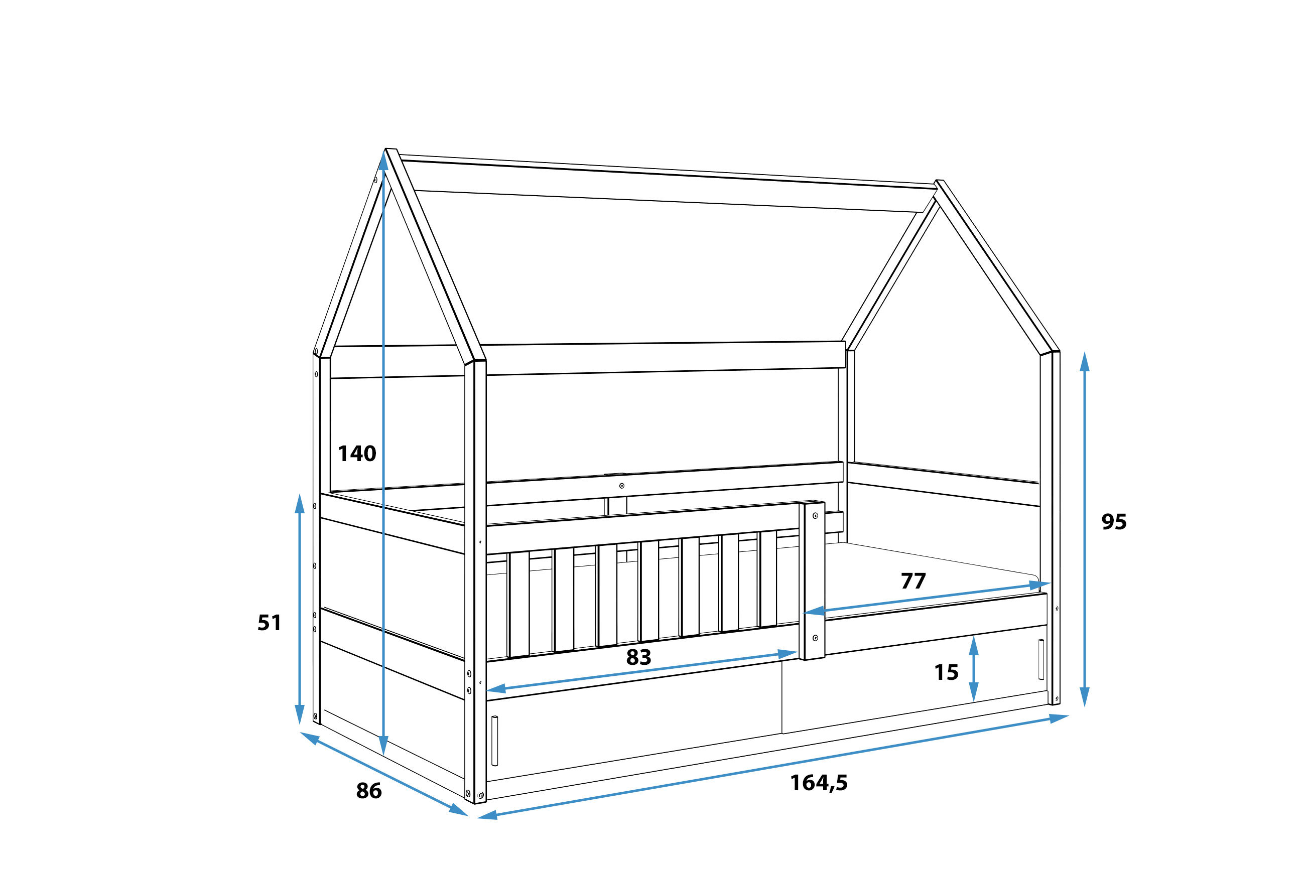 Rozměry a specifikace pro dětskou jednolůžkovou postel SMART 2 HOUSE 80X160 s úložným prostorem, přírodní dřevo