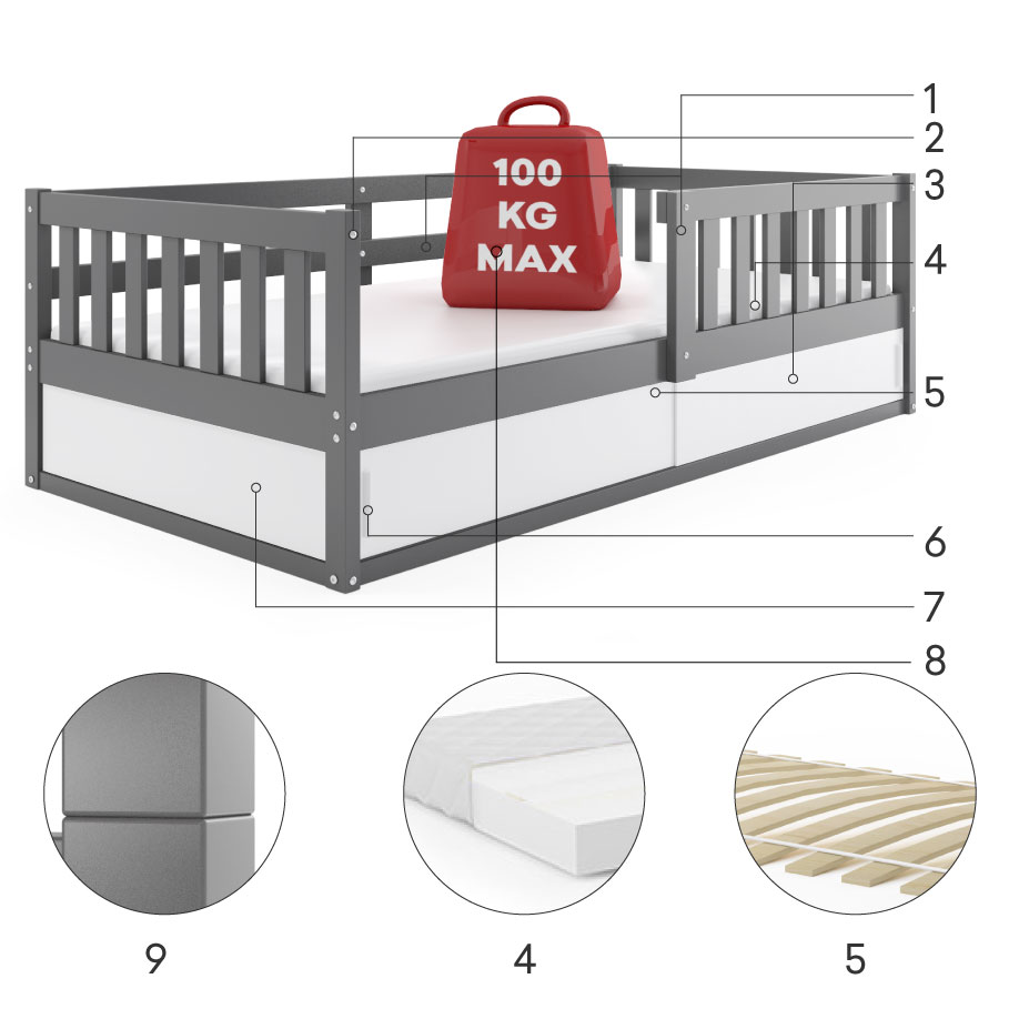 Komponenty pro dětskou jednolůžkovou postel SMART 80X160 s matrací a úložným prostorem, grafit