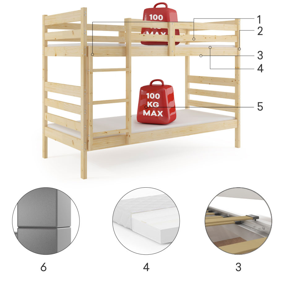 Komponenty pro patrovou postel pro teenagery ERYK 90X190, přírodní dřevo