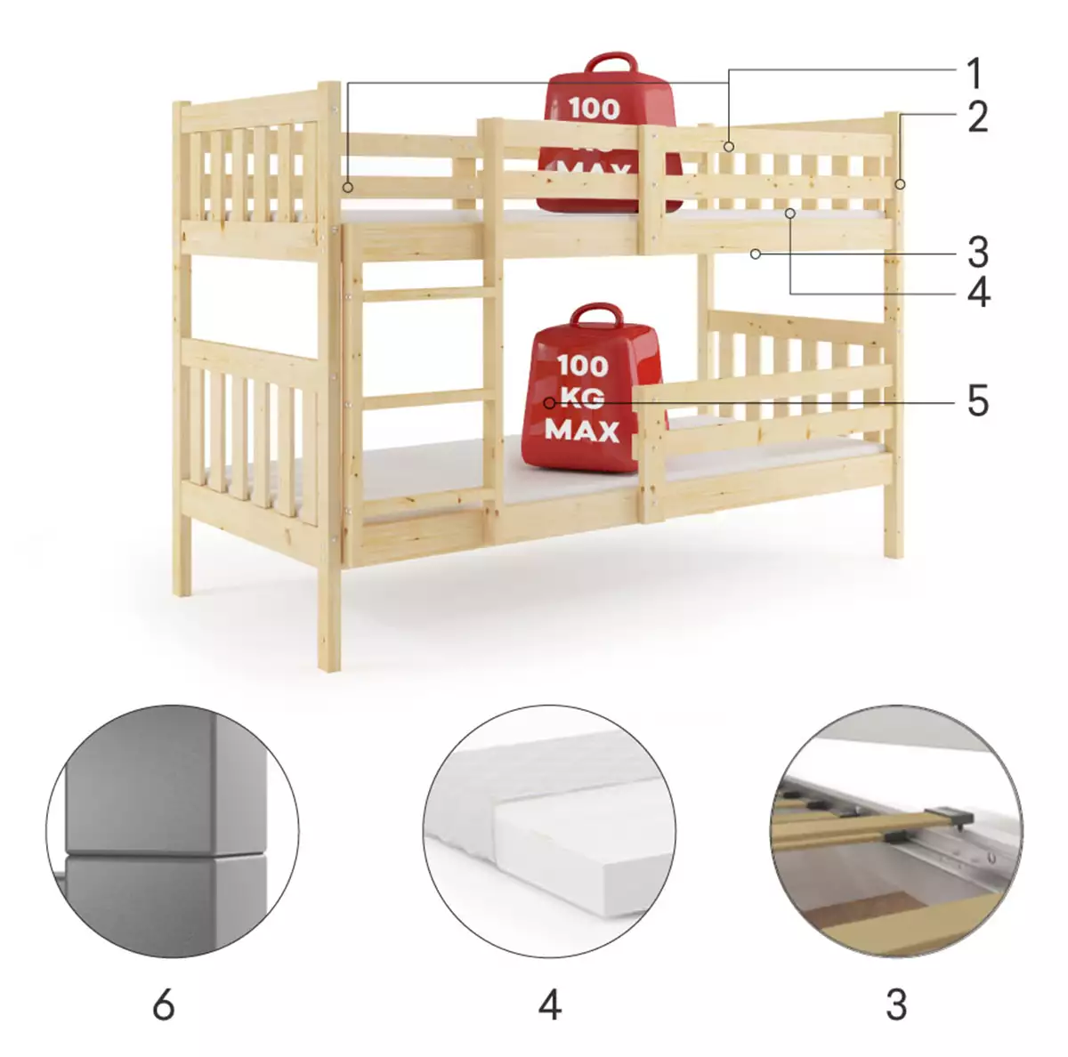 Patrová postel Kacper pro teenagery 90X190, Components borovice