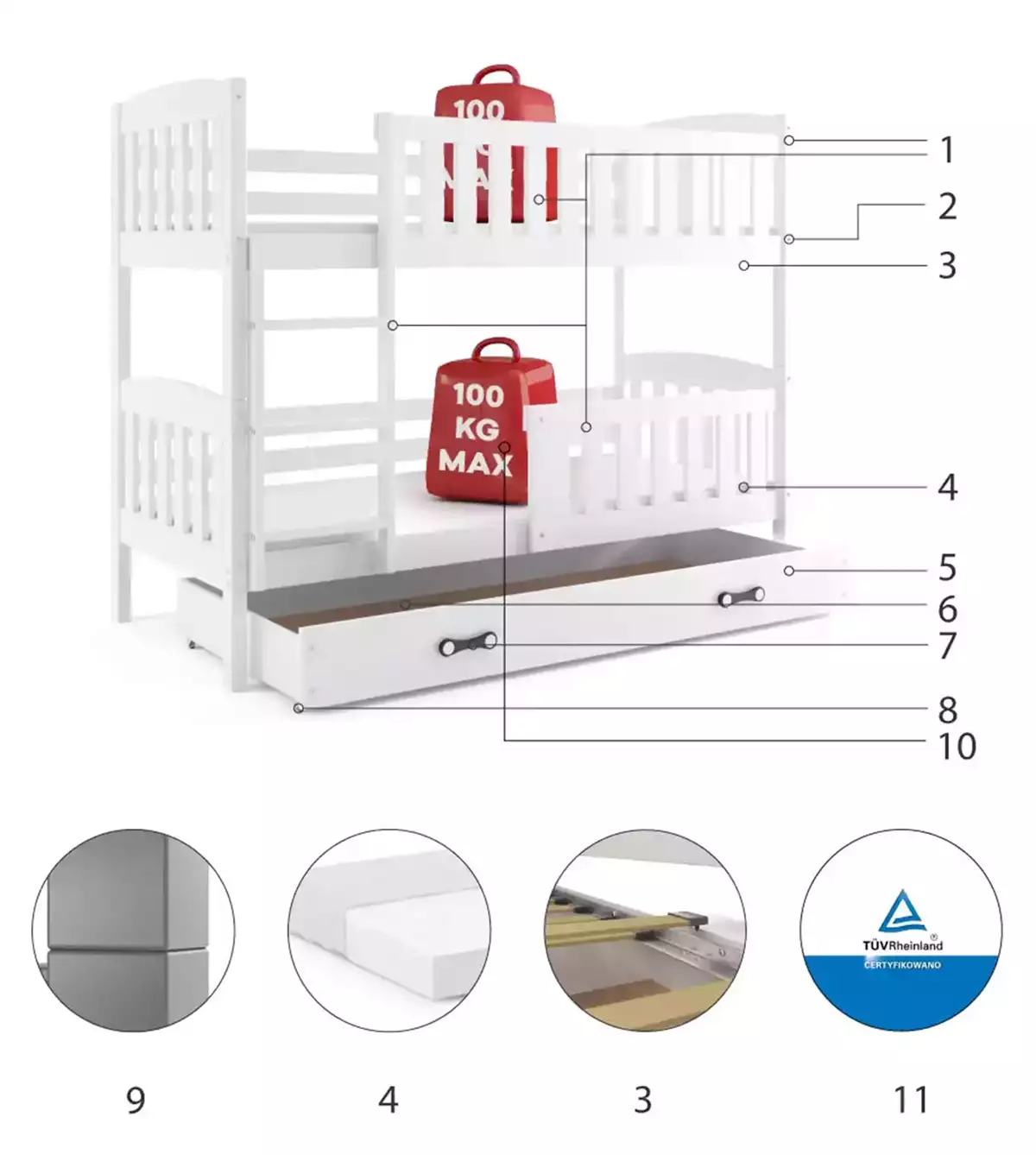 Komponenty pro patrovou postel pro mládež KUBUŚ 90X190 s matrací a šuplíkem, bílá