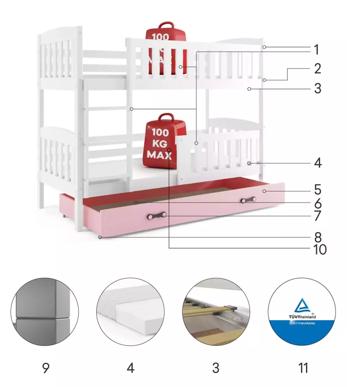 Komponenty pro patrovou postel pro mládež KUBUŚ 80X190 s matrací a šuplíkem, bílá/růžová
