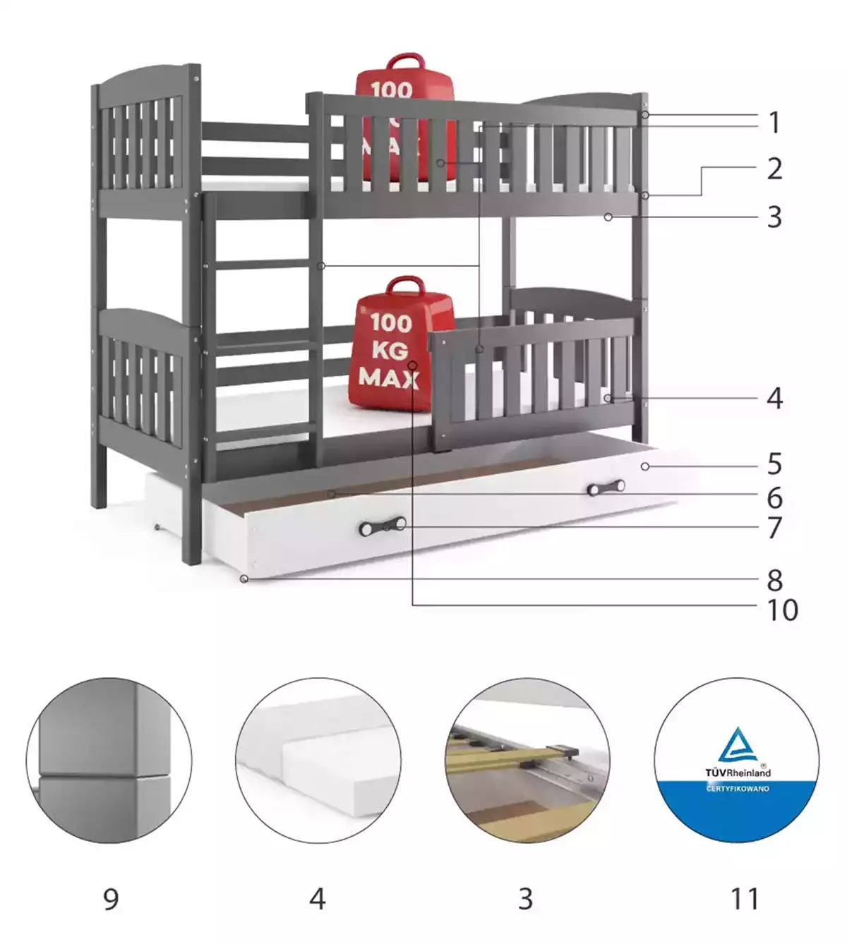 Komponenty pro patrovou postel pro mládež KUBUŚ 80X190 se zásuvkou, grafit/bílá