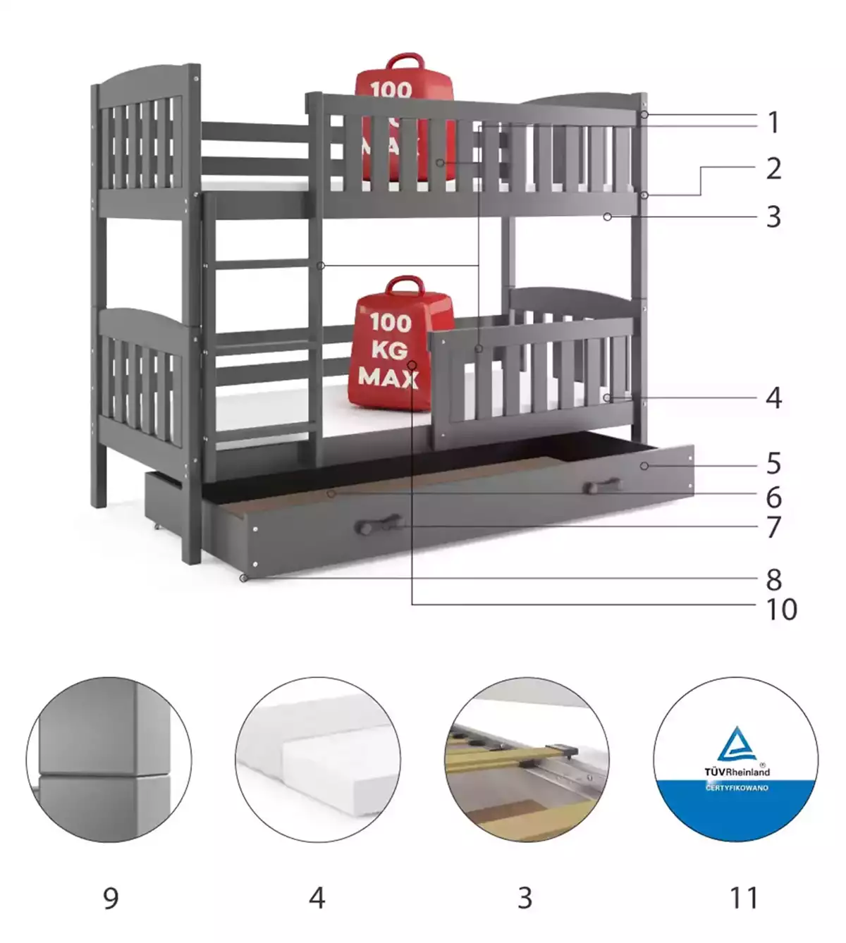 Komponenty pro patrovou postel pro mládež KUBUŚ 80X190 se zásuvkou, grafit